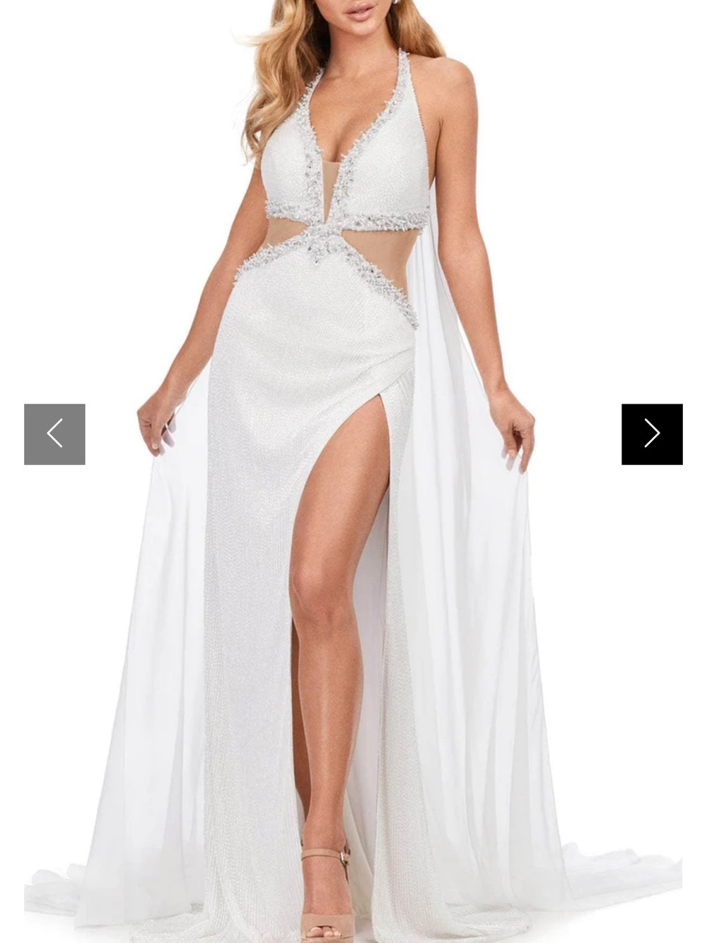 Ashley Lauren White Halter Beaded Cutout Evening Gown